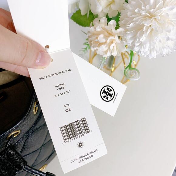 TORY BURCH 148249 WILLA MINI BUCKET BAG BLACK FULL LEATHER DRAWSTRING QUILTED - Picture 8 of 8